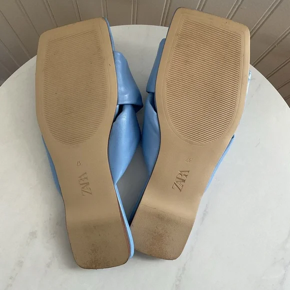 Zara Blue Leather Square Toe Flat Cross Strap Sandals - Picture 5 of 8